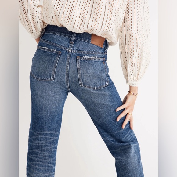 Madewell Petite Classic Straight Leg Jeans Jade Wash Knee-Rip Edition size 26 - Picture 2 of 16